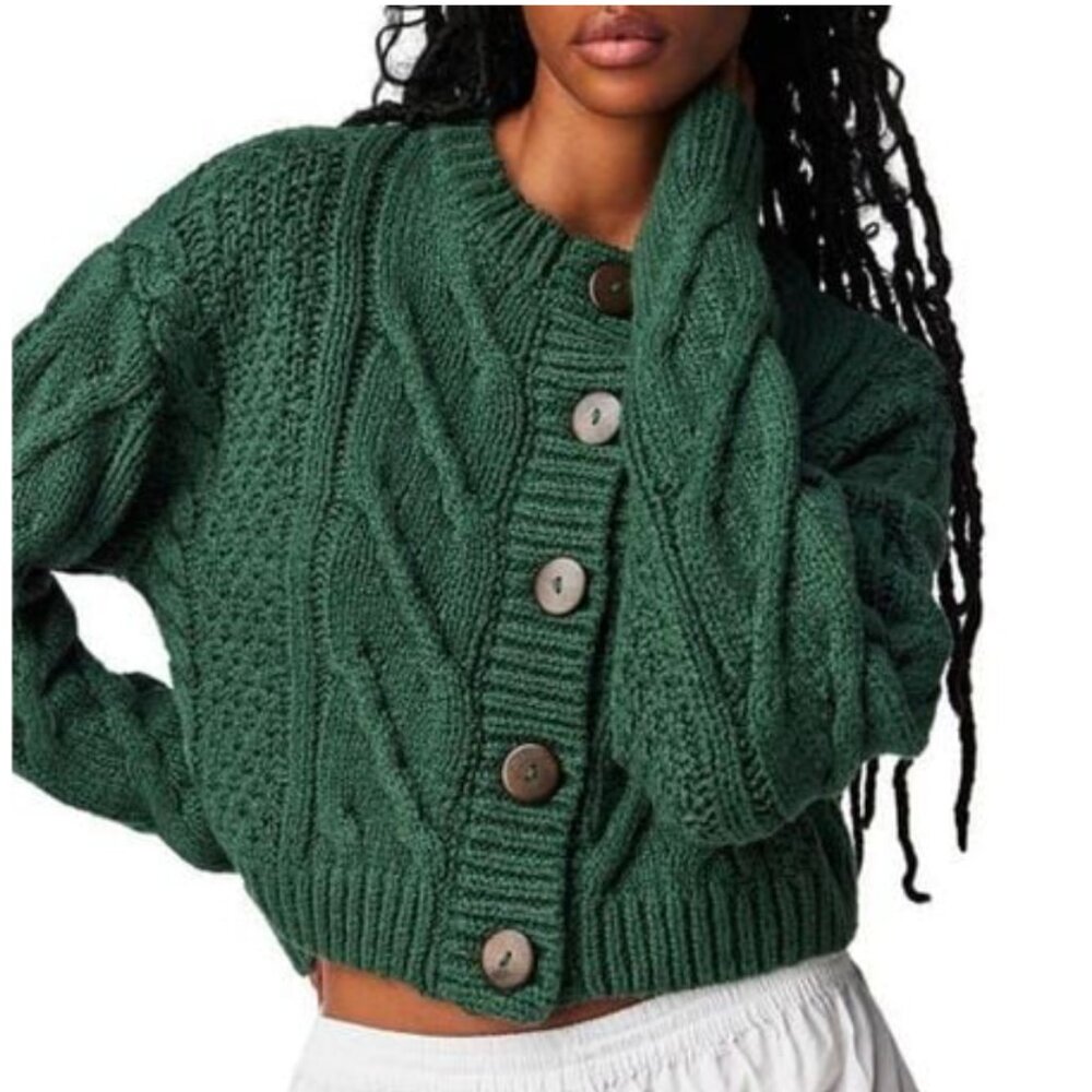 Free People Bonfire Cable Knit Cardigan Green Crop Oversized Cozycore - Picture 6 of 6